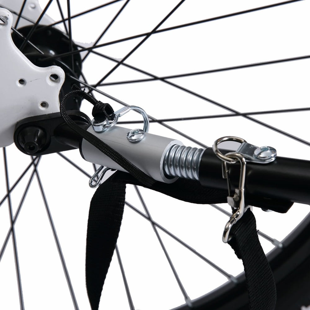 JupiterBikes_Close-up of a bicycle wheel with a strap attached, likely for securing items/trailer.