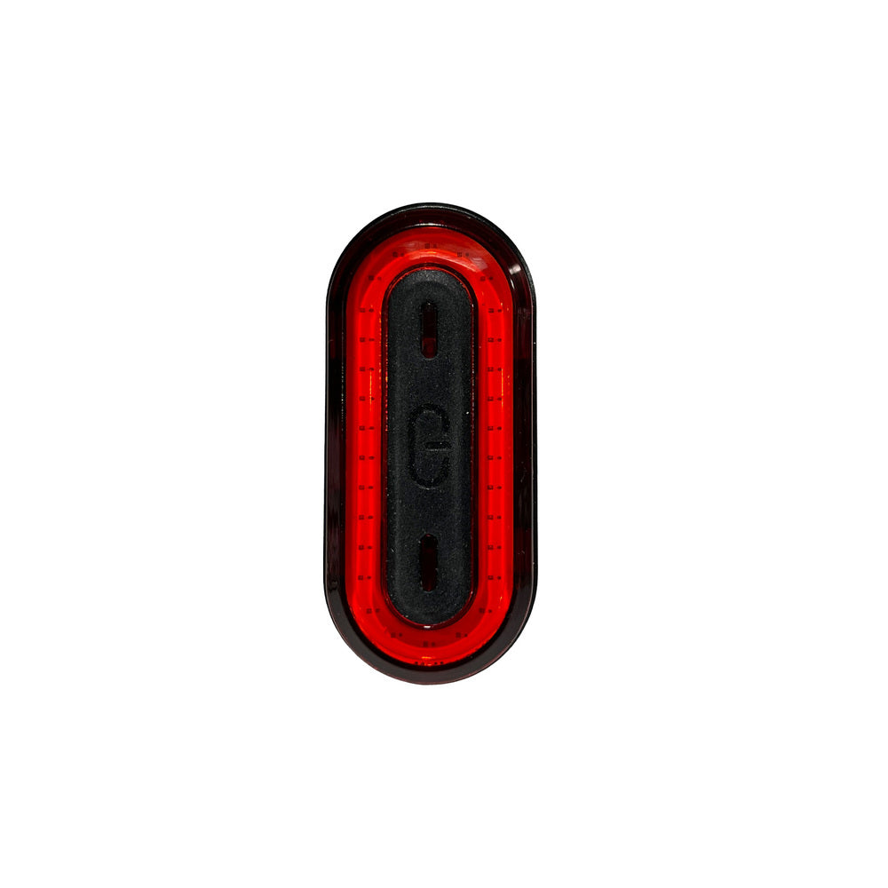 JupiterBikes_USB Rechargeable_Red and black oval-shaped LED light on a white background