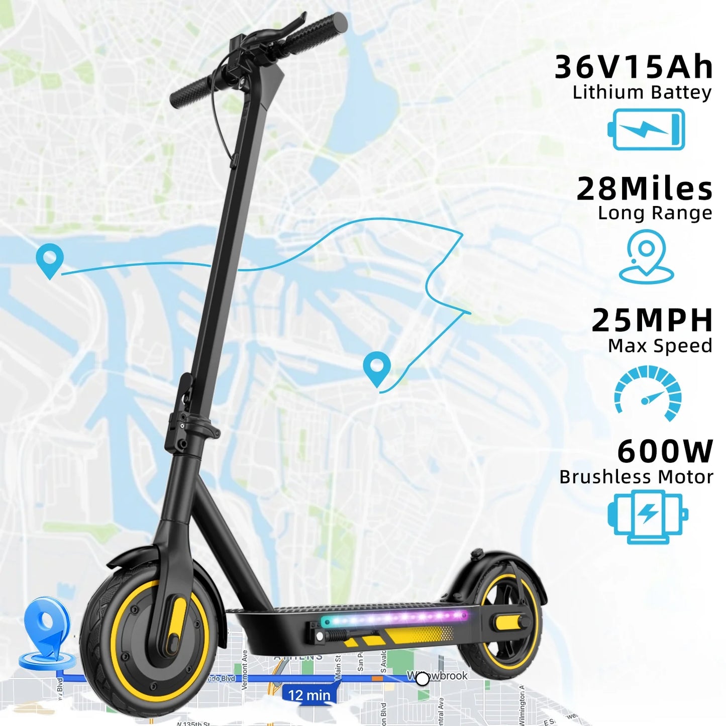 Electric Scooter for Adults, 600W Motor, 10"Air Tires, up to 25 MPH and 22-30 Miles Range, Foldable Commuter E Scooter with Drum Braking System and Smart APP Control Yellow