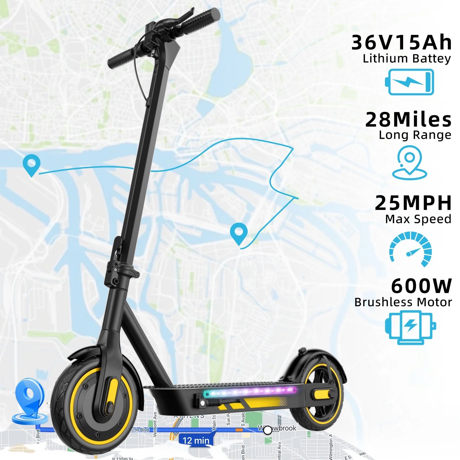Electric Scooter for Adults, 600W Motor, 10"Air Tires, up to 25 MPH and 22-30 Miles Range, Foldable Commuter E Scooter with Drum Braking System and Smart APP Control Yellow