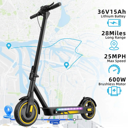 Electric Scooter for Adults, 600W Motor, 10"Air Tires, up to 25 MPH and 22-30 Miles Range, Foldable Commuter E Scooter with Drum Braking System and Smart APP Control Yellow