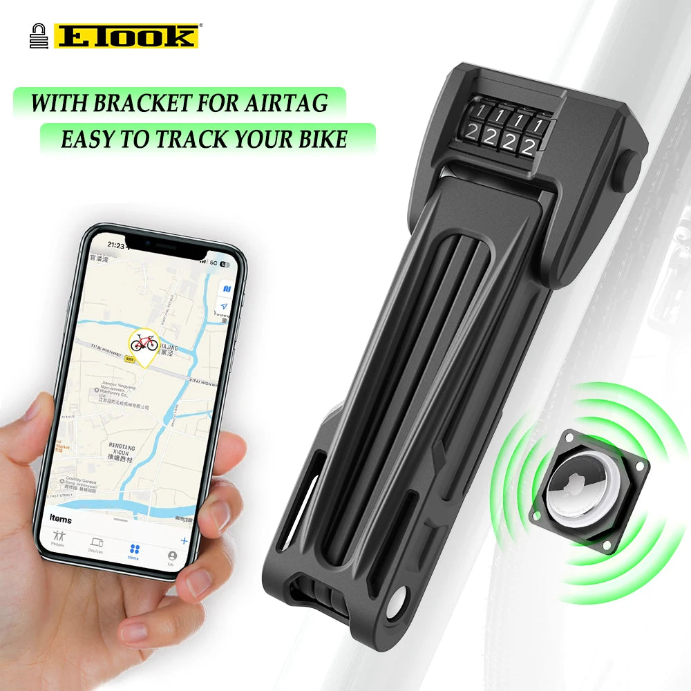 Bicycle Lock High Secutiry Folding Bike Lock with Bracket for Airtag anti Theft Combination Lock for E-Bike Scooter