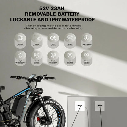 Off-Road Full Suspension Electric Bike 2000W Dual Motor 52V 23AH Battery Mountain Electric Bike 26 Inch Fat Tire Electric Bike