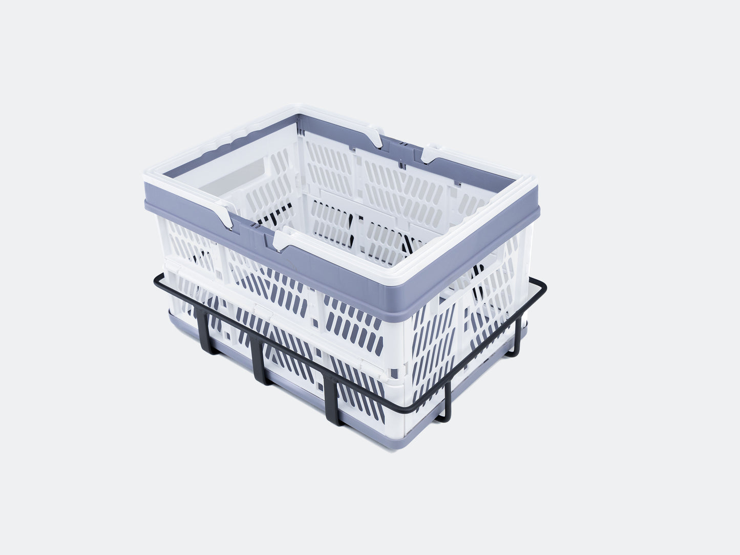 Velowave_White and gray plastic basket sitting inside a black metal frame (rear bicycle rack on a light gray background