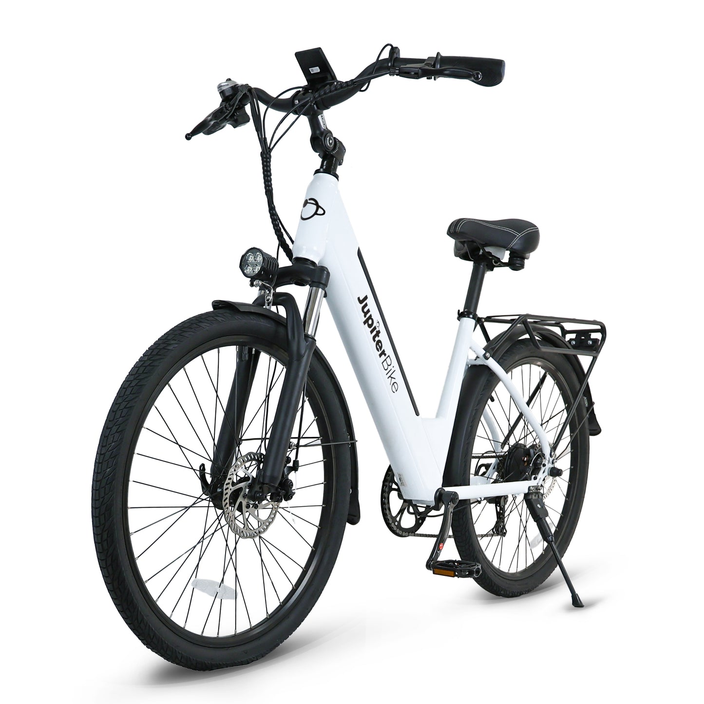 JupiterBikes Cruise Electric Bike – A white and black electric bicycle with a step-through frame, front headlight, rear cargo rack, and kickstand, photographed on a clean white background.