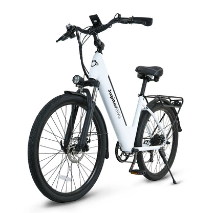 JupiterBikes Cruise Electric Bike – A white and black electric bicycle with a step-through frame, front headlight, rear cargo rack, and kickstand, photographed on a clean white background.
