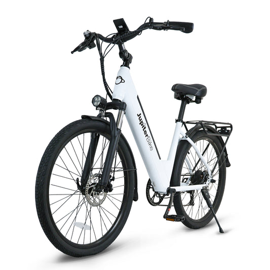 JupiterBikes Cruise Electric Bike – A white and black electric bicycle with a step-through frame, front headlight, rear cargo rack, and kickstand, photographed on a clean white background.