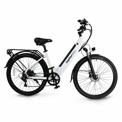 JupiterBikes Cruise Electric Bike – A white and black electric bicycle with a rear cargo rack, shown from a side profile facing right on a clean white background.