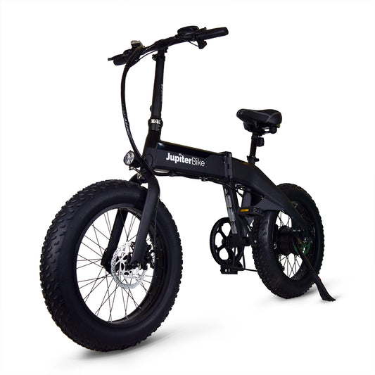 JupiterBikes_Black Defiant electric bike with 'JupiterBike' branding on a white background