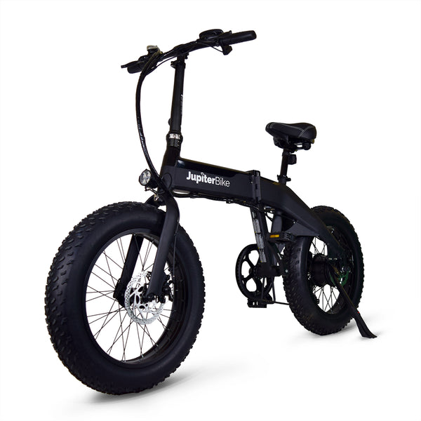 JupiterBikes_Black Defiant electric bike with 'JupiterBike' branding on a white background