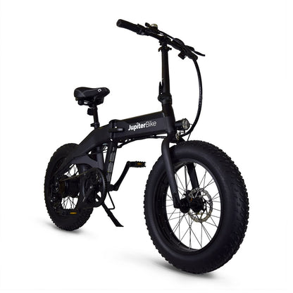 JupiterBikes_Black Defiant electric bike with 'JupiterBike' branding on a white background