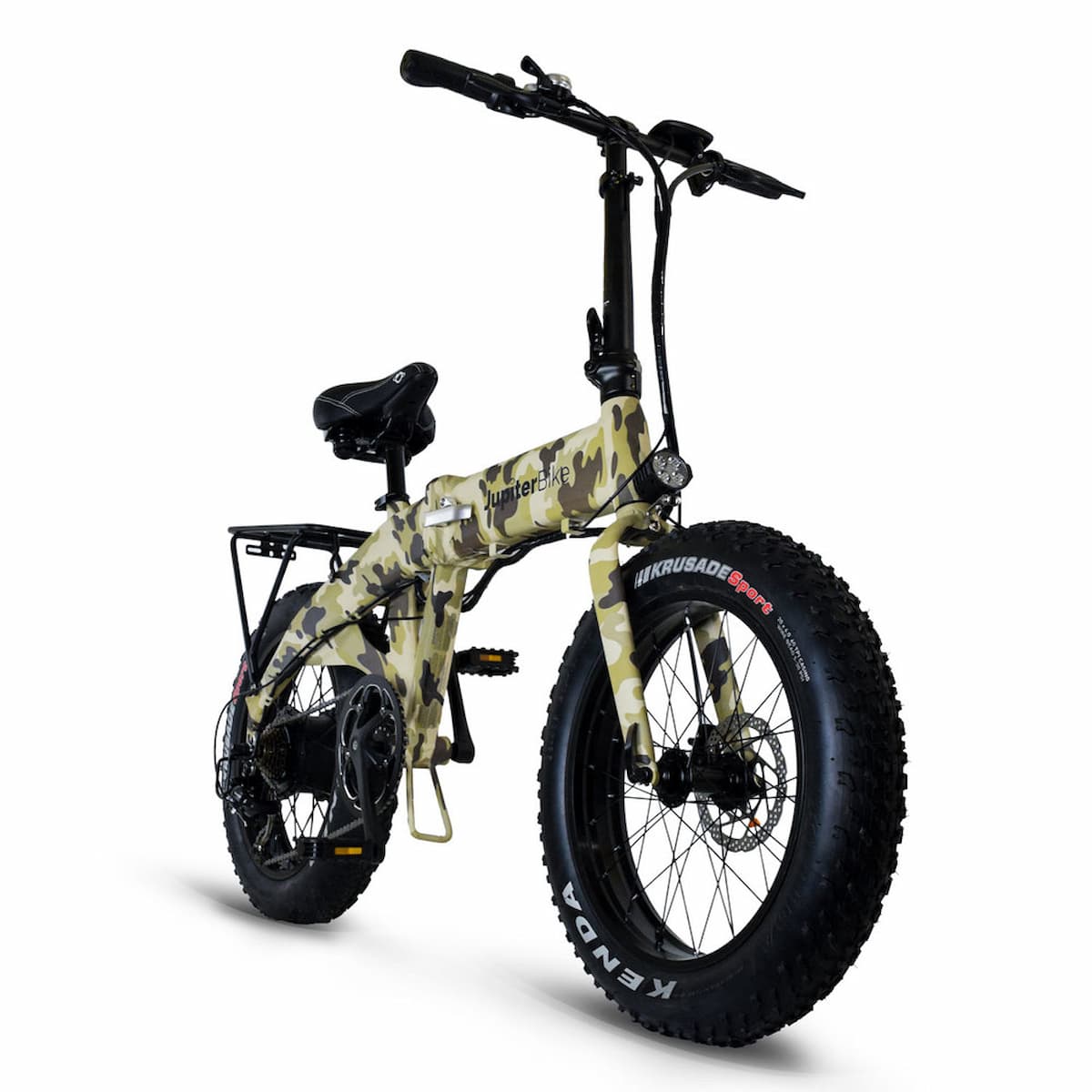 JupiterBikes_Green camouflage-patterned Defiant electric bike on a white background