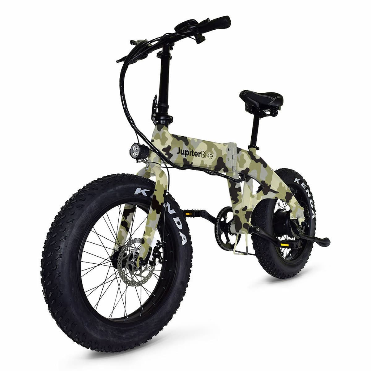 JupiterBikes_Green camouflage-patterned Defiant electric bike on a white background