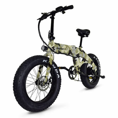 JupiterBikes_Green camouflage-patterned Defiant electric bike on a white background