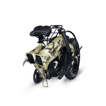 JupiterBikes_Green camouflage-patterned Defiant electric bike folded on a white background