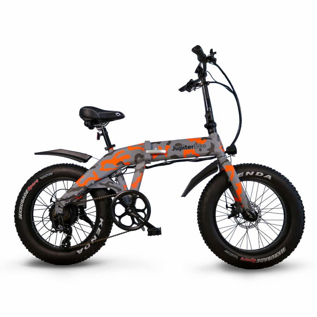 JupiterBikes_Gray and orange camouflage Defiant electric bike with 'Jupiter' branding on a white background
