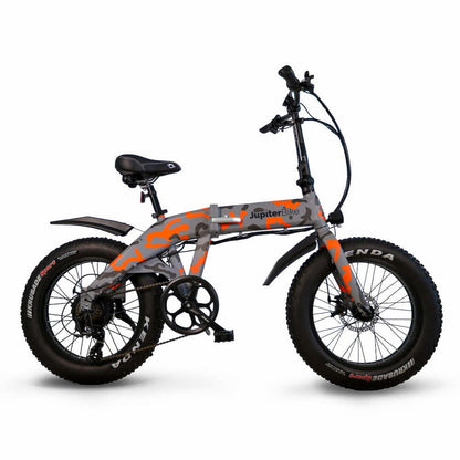 JupiterBikes_Gray and orange camouflage Defiant electric bike with 'Jupiter' branding on a white background