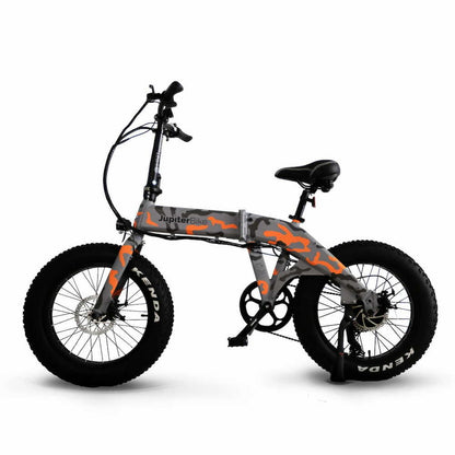 JupiterBikes_Gray and orange camouflage Defiant electric bike with 'JupiterBike' branding on a white background