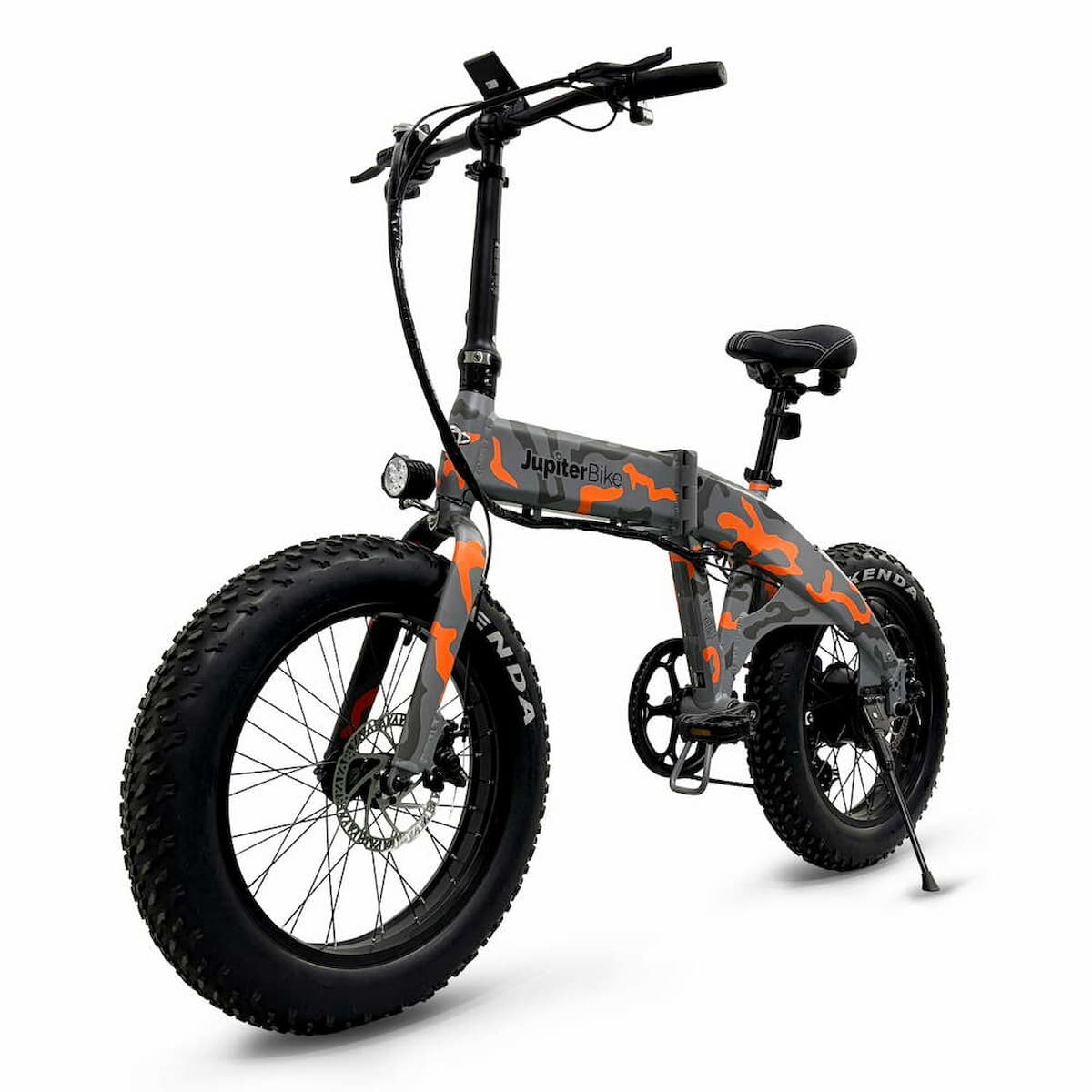 JupiterBikes_Gray and orange camouflage Defiant electric bike with 'Jupiter' branding on a white background