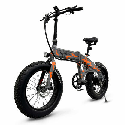 JupiterBikes_Gray and orange camouflage Defiant electric bike with 'Jupiter' branding on a white background