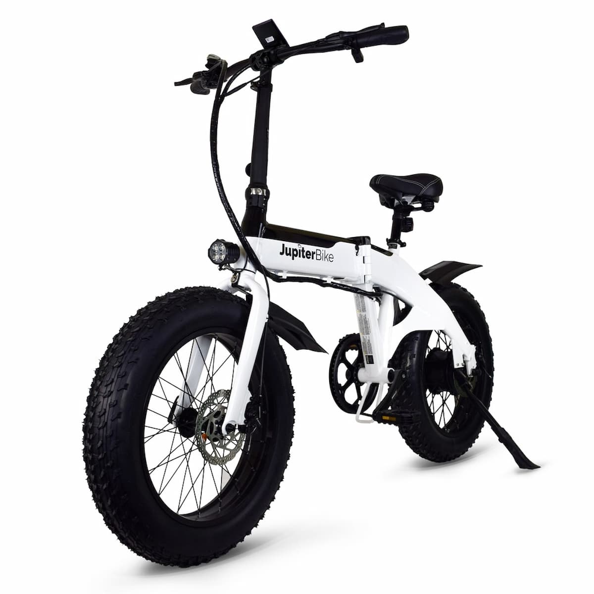 JupiterBikes_White Defiant electric bike with black tires on a white background, featuring the brand 'JupiterBike'.