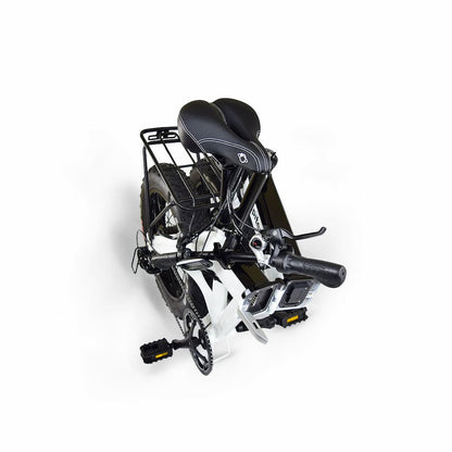 JupiterBikes_Black Defiant folded bicycle with a seat and handlebars showing on a white background