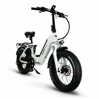 JupiterBikes_White Defiant ST electric bike with black components on a white background