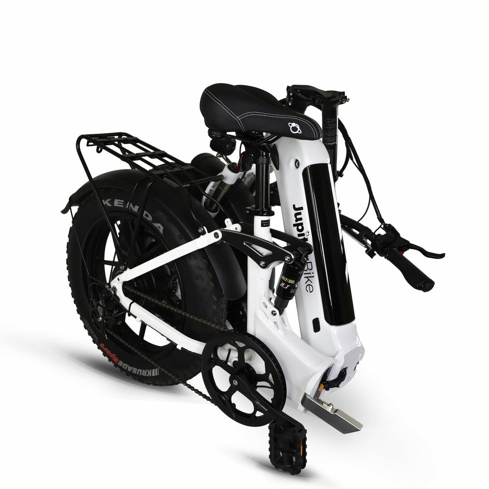 JupiterBikes_White and black Defiant ST electric bike folded with visible branding on a white background