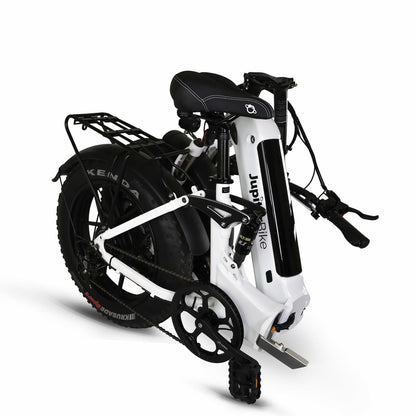 JupiterBikes_White and black Defiant ST electric bike folded with visible branding on a white background