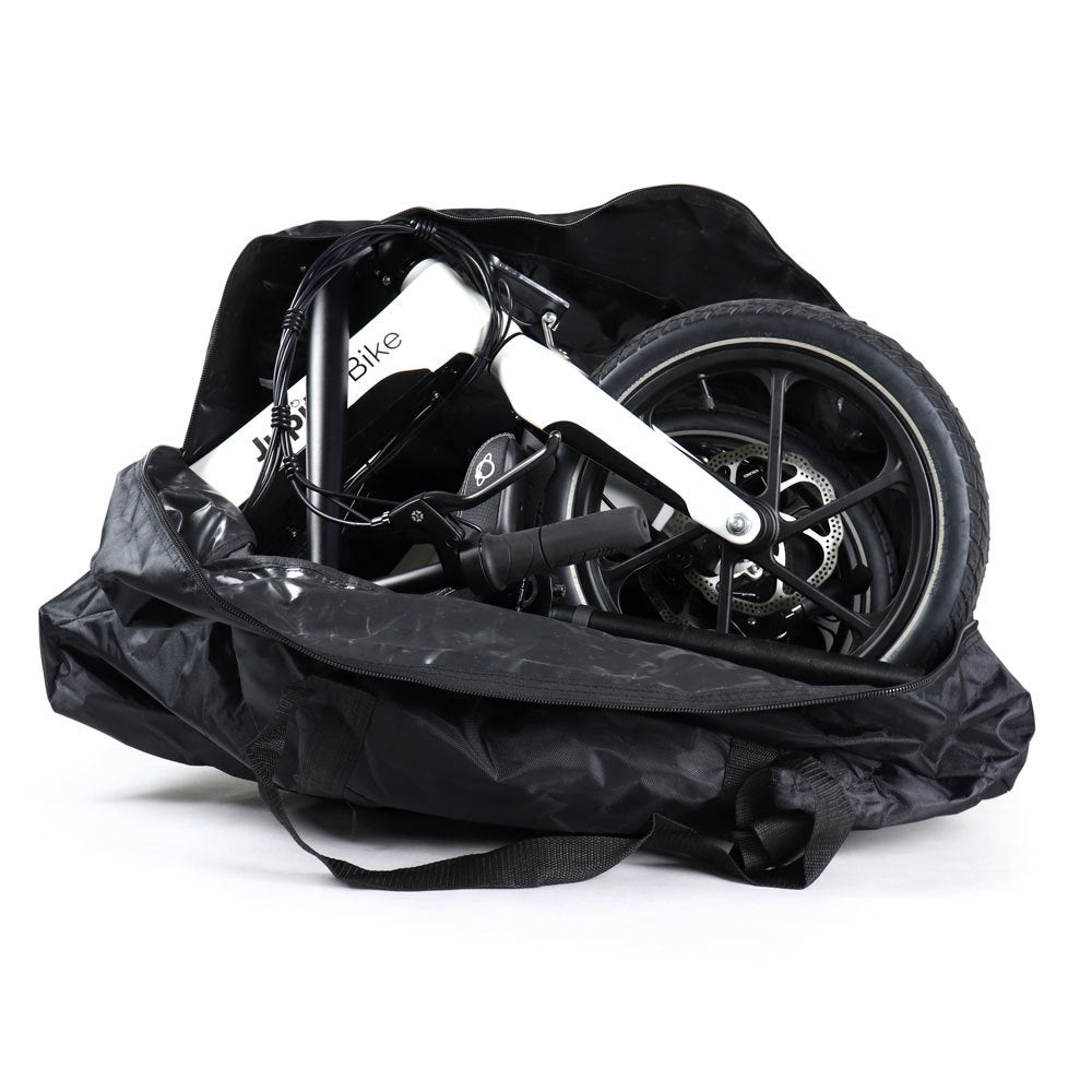 JupiterBikes_Folded bicycle inside a black carrying bag on a white background