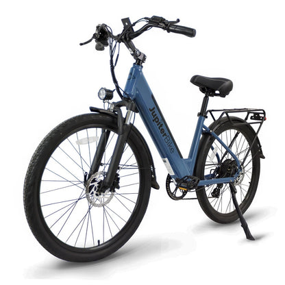 JupiterBike_Navy blue Journey electric bicycle with black frame and tires on a white background