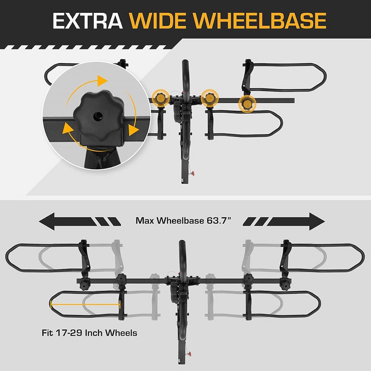 Jupiter_Diagram of a bike rack with extra wide wheelbase features on a gray background