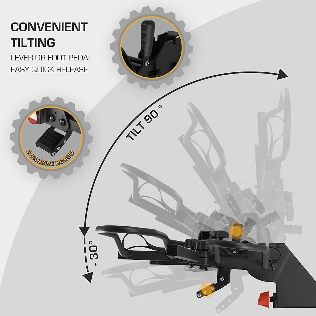 Jupiter_Mechanical device with tilting feature, lever, and foot pedal on a gray background