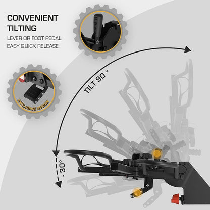 Jupiter_Mechanical device with tilting feature, lever, and foot pedal on a gray background