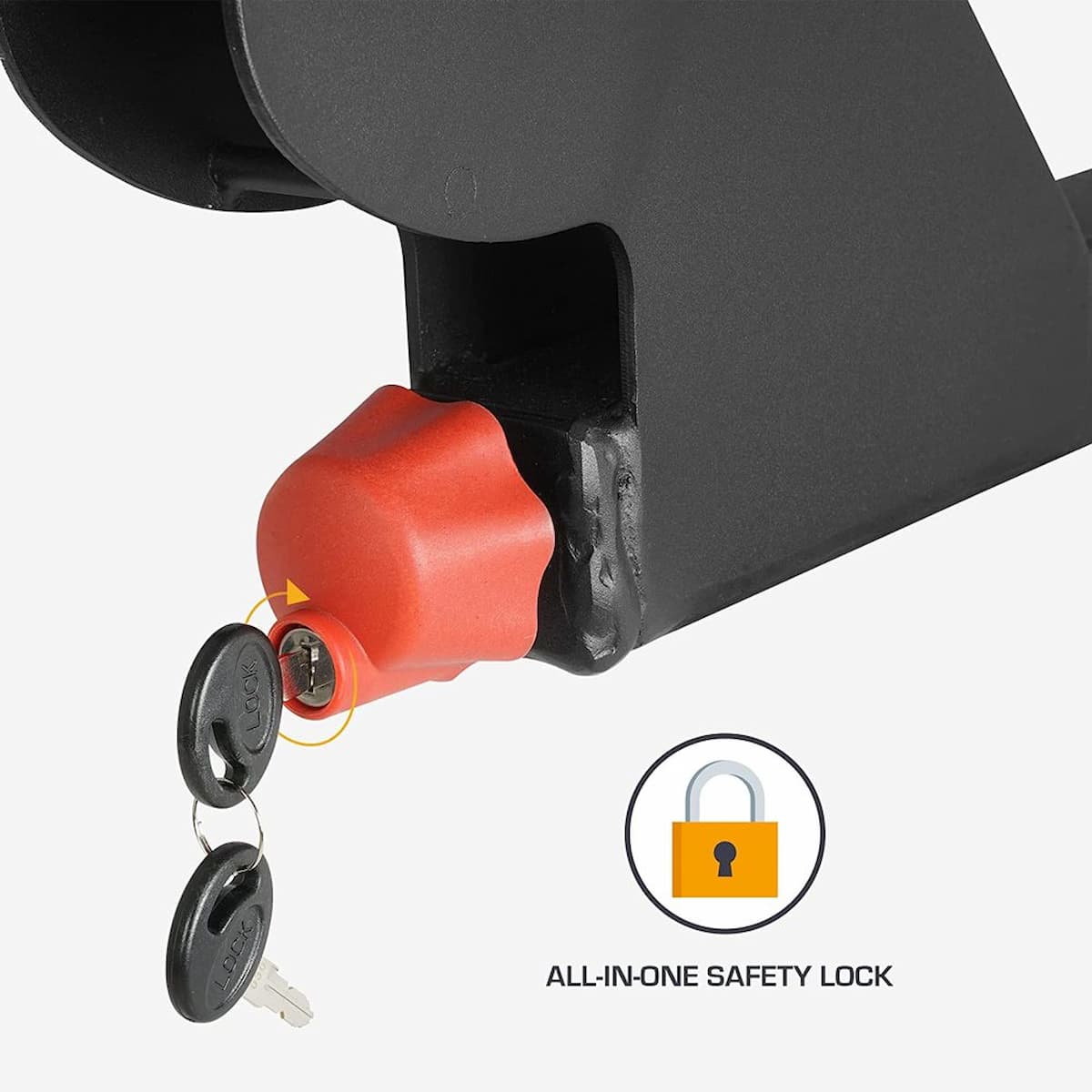 Jupiter_All-in-one safety lock attached to a black metal object with a key on a white background.