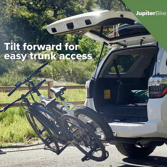 Jupiter_Car with open trunk and bicycle on a tilted rack, with JupiterBike branding.