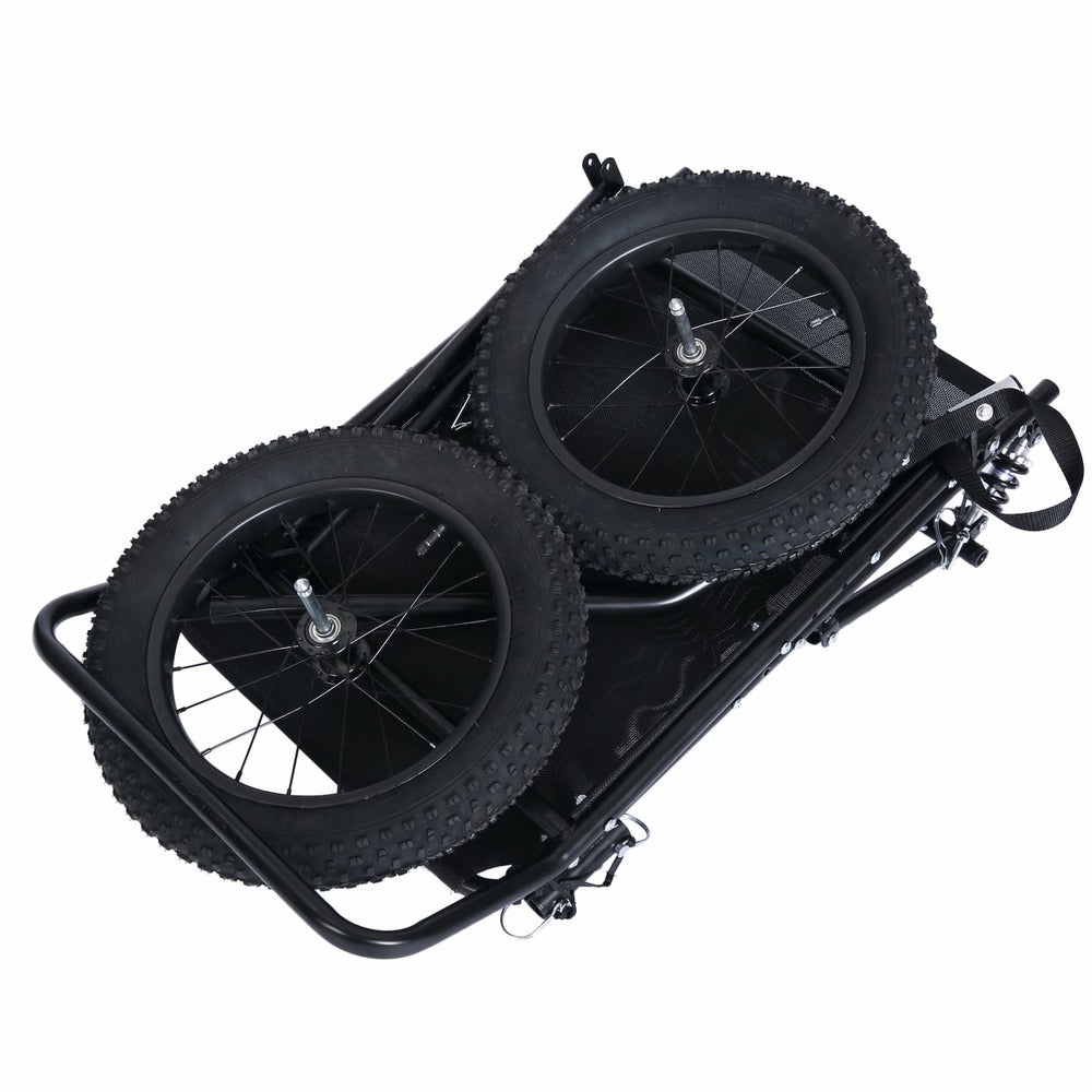 JupiterBikes_Black wheeled cart/trailer folded with large tires on a white background