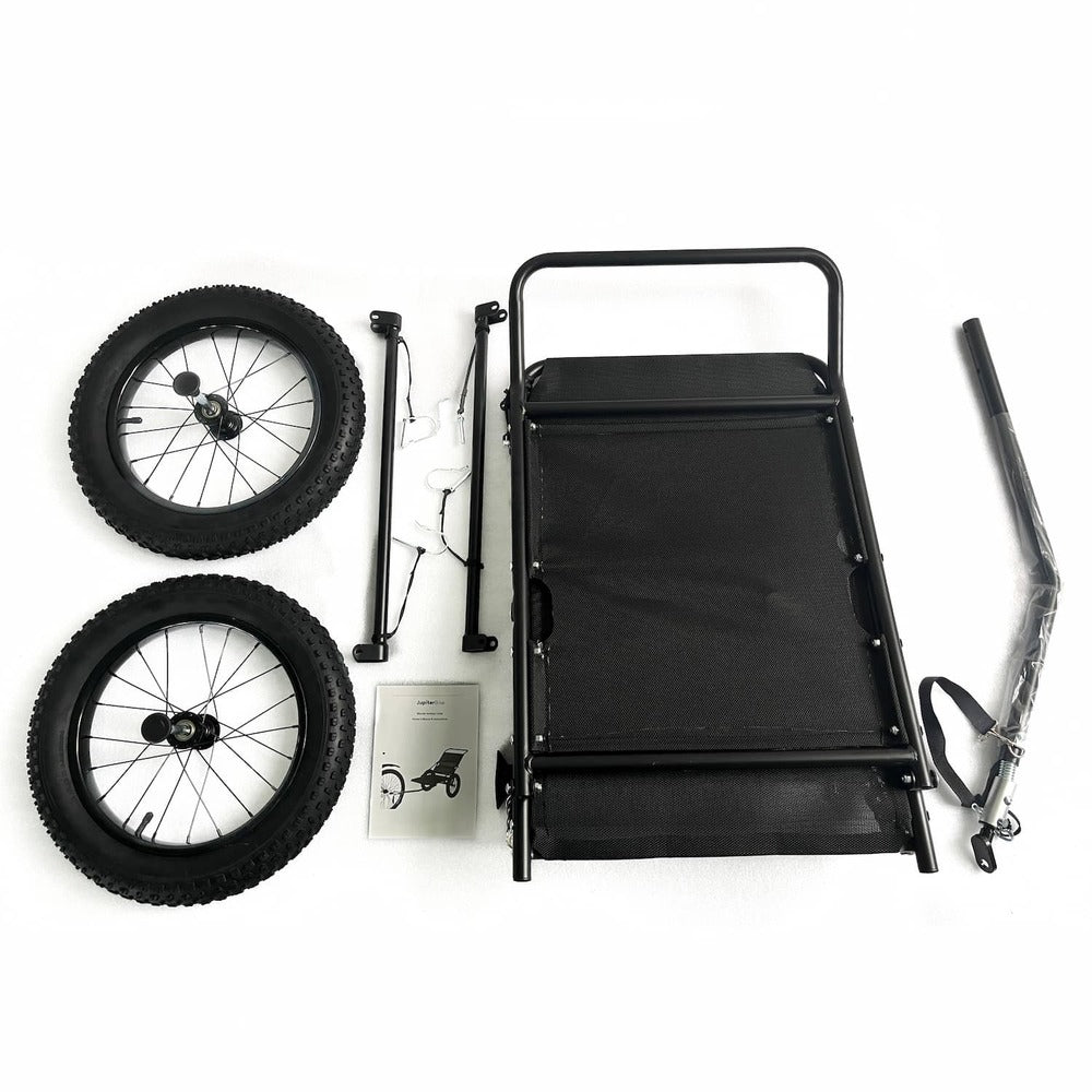 JupiterBikes_Black folding trailer with wheels/parts and components on a white background