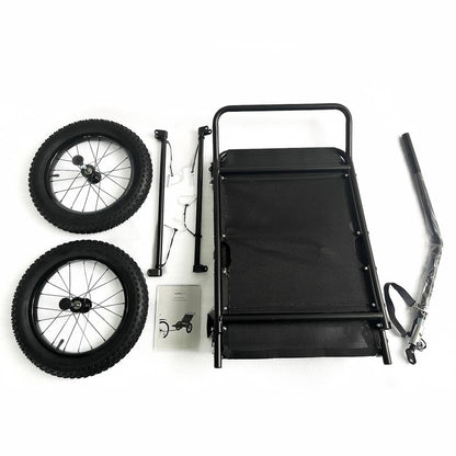 JupiterBikes_Black folding trailer with wheels/parts and components on a white background