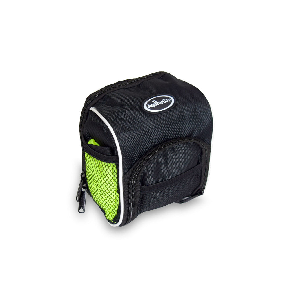 Black and green handlebar bag w/waterproof cover for all JUPITERBIKES on a white background