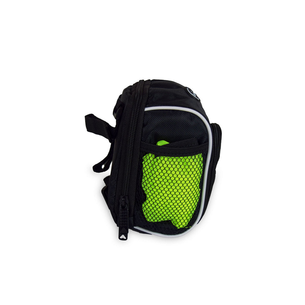 Black handlebar bag w/waterproof cover for all JUPITERBIKES with a green mesh pocket on a white background