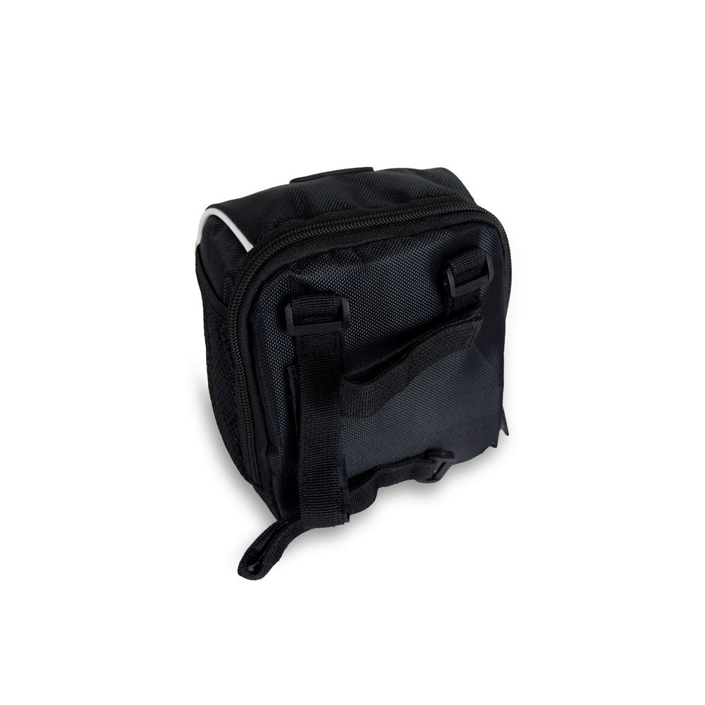 Black handlebar bag w/waterproof cover for all JUPITERBIKES with a strap on a white background
