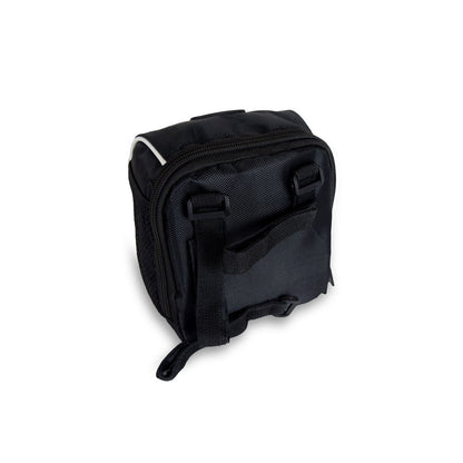 Black handlebar bag w/waterproof cover for all JUPITERBIKES with a strap on a white background