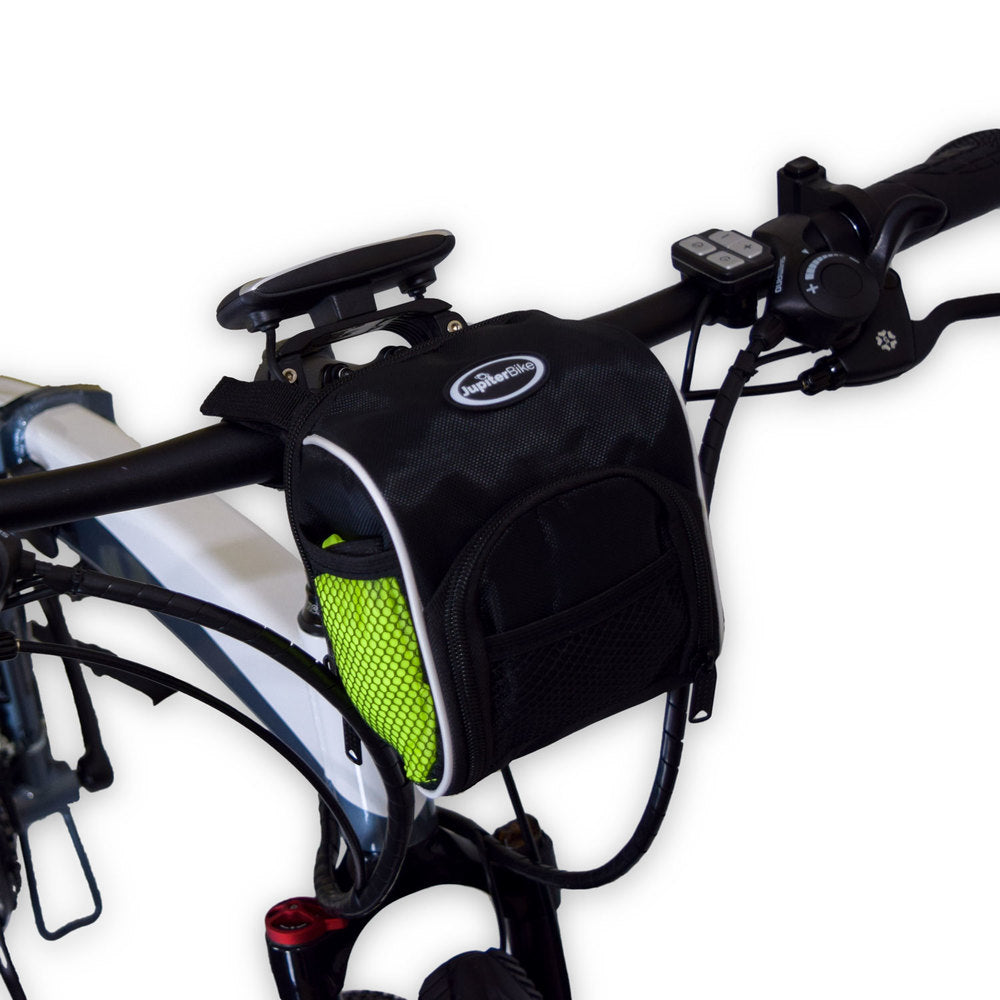 Black handlebar bag w/waterproof cover for all JUPITERBIKES with green mesh pocket attached to a bike frame on a white background