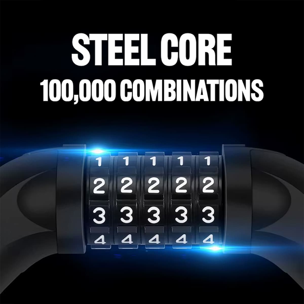 Jupiter_LP27_5 Digit Combination lock with 'Steel Core 100,000 Combinations' text on a dark background