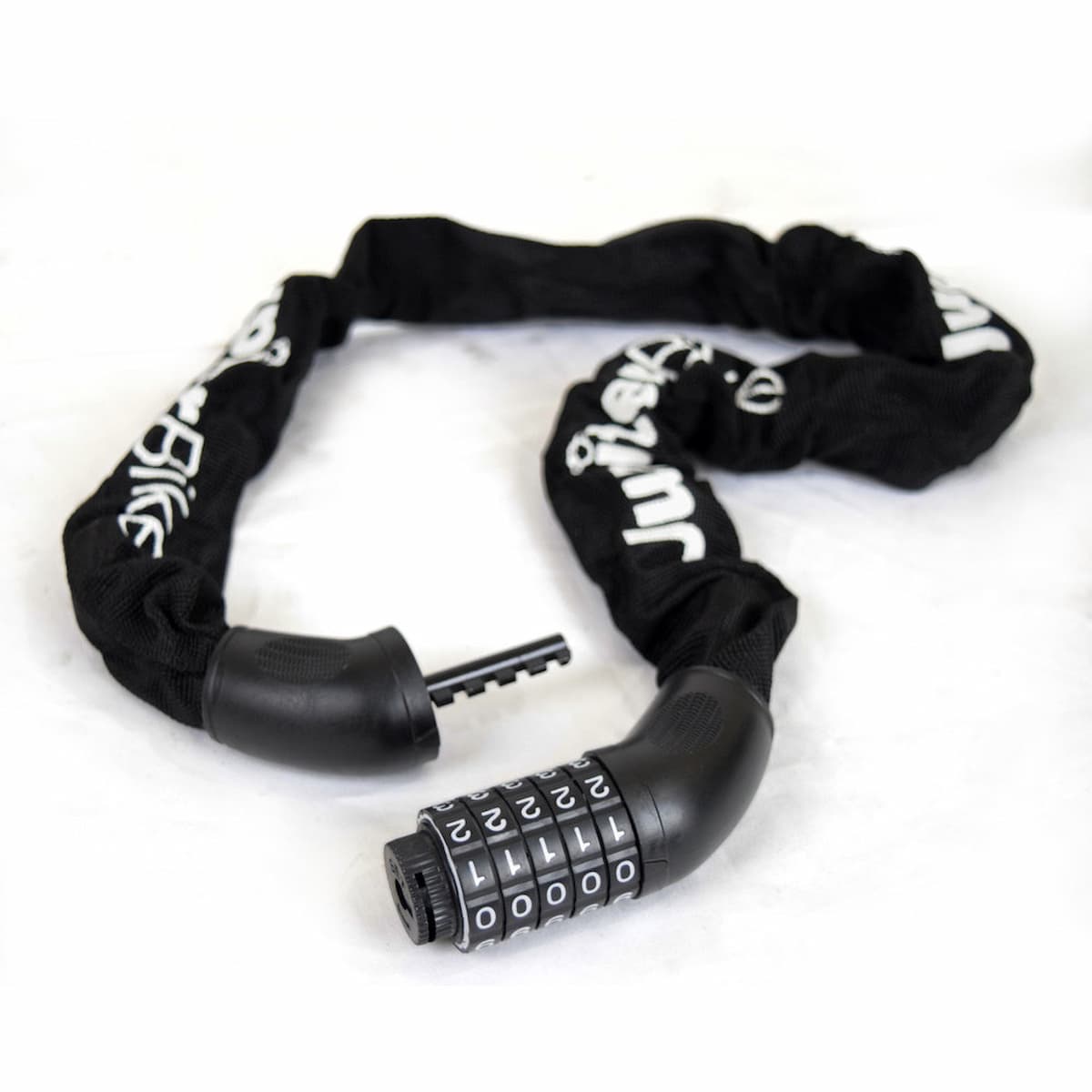 Jupiter_LP27_Black bike lock with chain and key on a white background