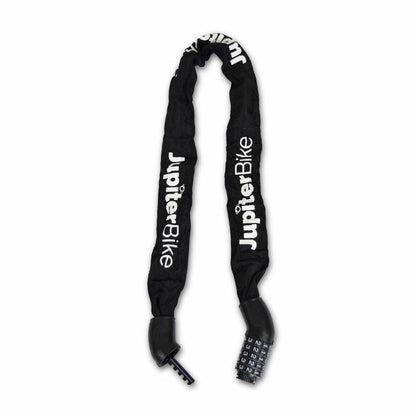 Jupiter_LP27_5-Digit_Black bike chain lock with 'JupiterBike' branding on a white background