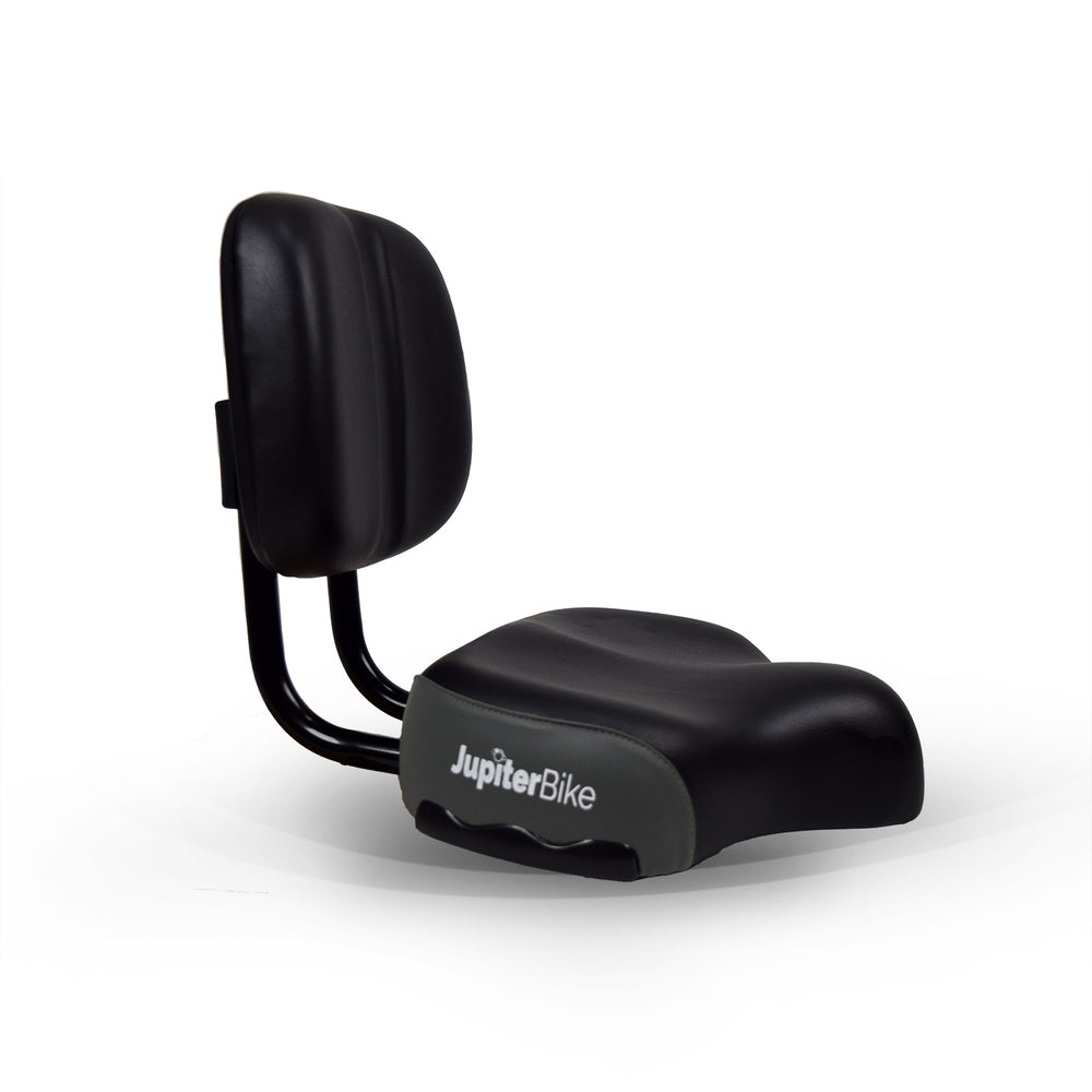 JupiterBikes_Black bicycle seat (Cruiser) on a white background, branded 'JupiterBike'.