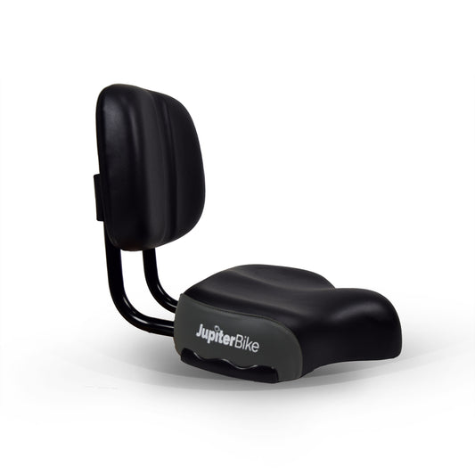 JupiterBikes_Black bicycle seat (Cruiser) on a white background, branded 'JupiterBike'.