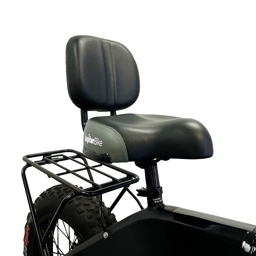 JupiterBikes_Black bicycle seat (Cruiser) installed on a bike with a rear rack on a white background